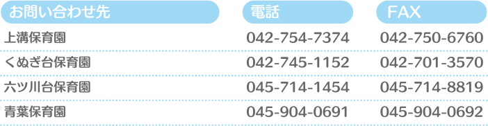 上溝保育園 電話:042-745-1152 FAX:042-701-3570 / くぬぎ台保育園 電話:042-754-7374 FAX:042-750-6760 / 六ツ川台保育園 電話:045-714-1454 FAX:045-714-8819 / 青葉保育園 電話:045-904-0691  FAX:045-904-0692